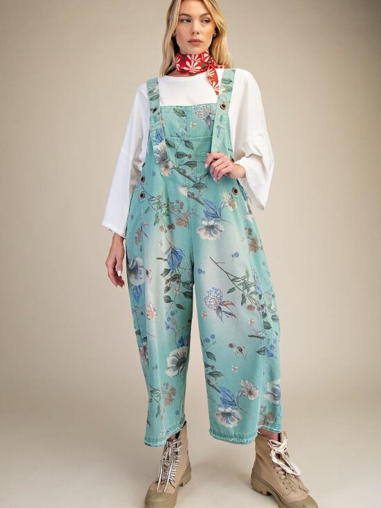 easle Pants - FLOWER PRINTED WASHED DENIM OVERALLS